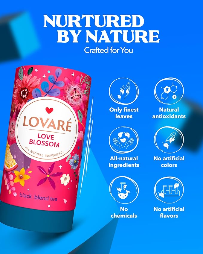 LOVARE Love Blossom Loose Leaf Tea 80 g - Black tea blend, Made in Ukraine - Dry Fig, Mango, and Strawberry Pieces, Safflower Petals, Passion Fruit & Mango Flavors - Tea Lovers Gift Box with 15 Paper Filters (Love Blossom)