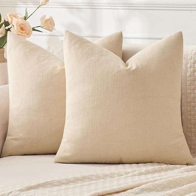 MIULEE Beige Chenille Couch Throw Pillow Covers, 18x18 | Set of 2, Soft Neutral Modern Farmhouse Home Decor, Decorative Pillowcases for Sofa Living Room Bed