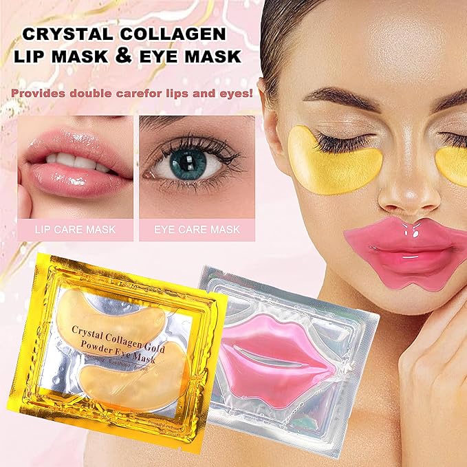 32 Pairs Eye Masks & Lip Mask, 24K Crystal Gel Collagen Under Eye Patches for Puffy Eyes, Dark Circles, Moisturizing Pink Lip, Reduce Fine Lines, Remove Lip Dead Skin, Mothers Day Gifts Bulk
