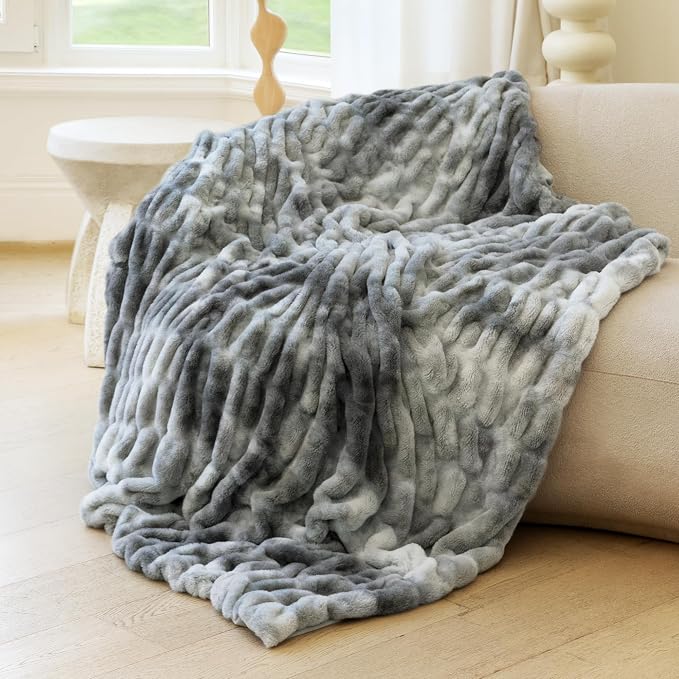 Ultra Soft Cozy Faux Fur Throw Blanket, Fuzzy Plush Thick Bubble Blanket, Luxury Fluffy Blanket for Couch, Sofa, Bedroom, and Living Room, 50x60 Inches,Tie-Dye Gray