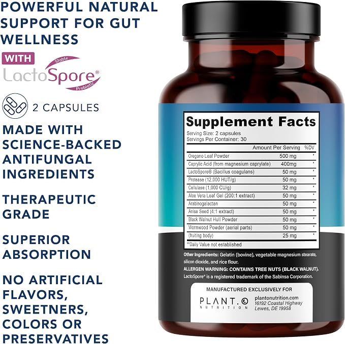 Candida Cleanse Supplement & Yeast Support with Probiotics (LactoSpore®), Oregano Oil, Caprylic Acid, Black Walnut – Advanced Gut Health, Digestive Enzymes, pH Balance for Women and Men – 60 Capsules