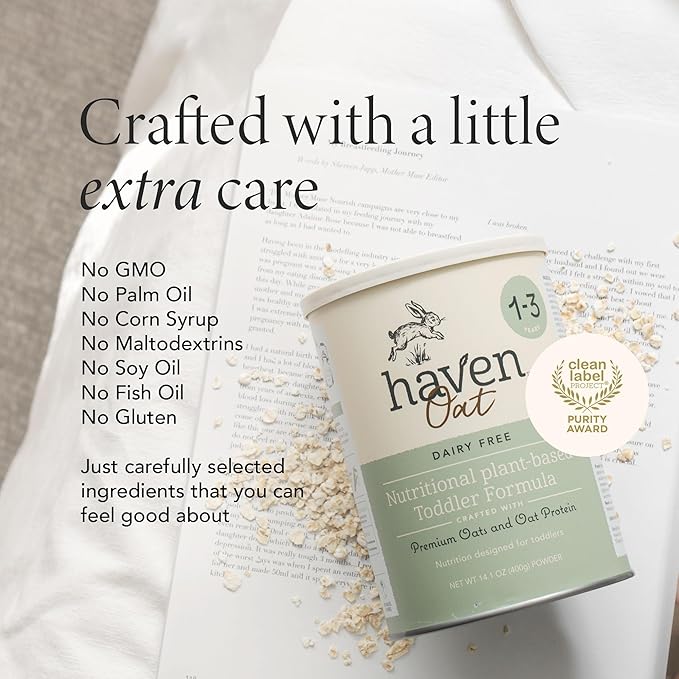 Haven Oat Toddler Formula, Plant Based Dairy Free Oat and Oat Protein Powder for Toddlers With Probiotics, Prebiotics, Lutein and Omega 3 Dha, Easy Digestion Formula, Non GMO, American Made, 14.1 Oz