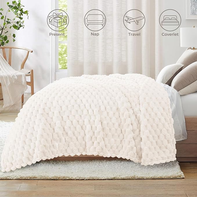Whale Flotilla Soft Fleece King Size Bed Blanket Luxury 3D Jacquard, Ivory | Lightweight Breathable Coverlet Bedspread for All Seasons, Super Cozy Plush Fluffy Fuzzy Decorative Blanket for Bed, 90"x104"