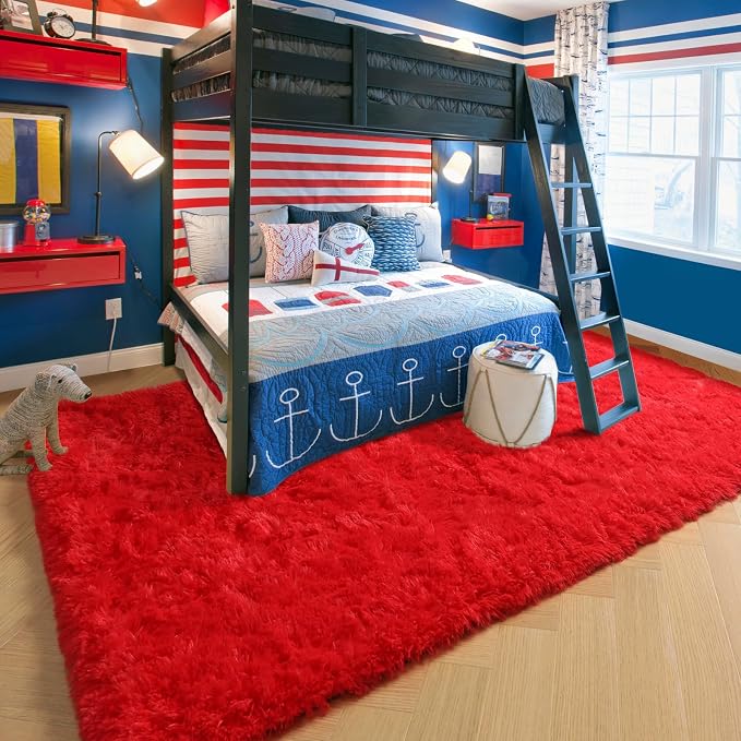 Amdrebio Red Christmas Fluffy Area Rug 4x6 for Boys Bedroom Living Room | Fuzzy Furry Soft Plush Shaggy Floor Carpet, Classroom Nursery Dorm Playroom Office Apartment Decor, Baby Toddler Kids Corner