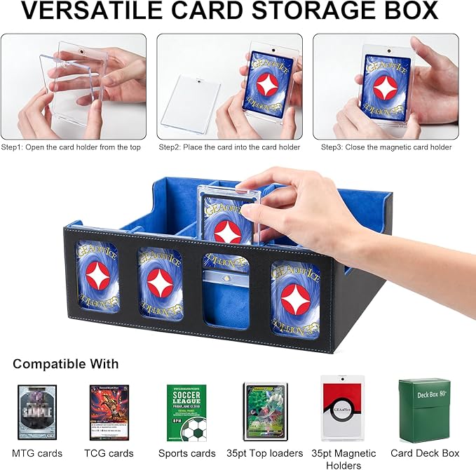 GEAoffice Trading Card Storage Box with Commander Display, 3200+ Card Deck Case with Magnetic Removable Lid, 4-Row Deck Box for MTG/TCG/Sports/Games, 10 Stoppers, 24 Dividers, 1 Dice Tray, Black Blue