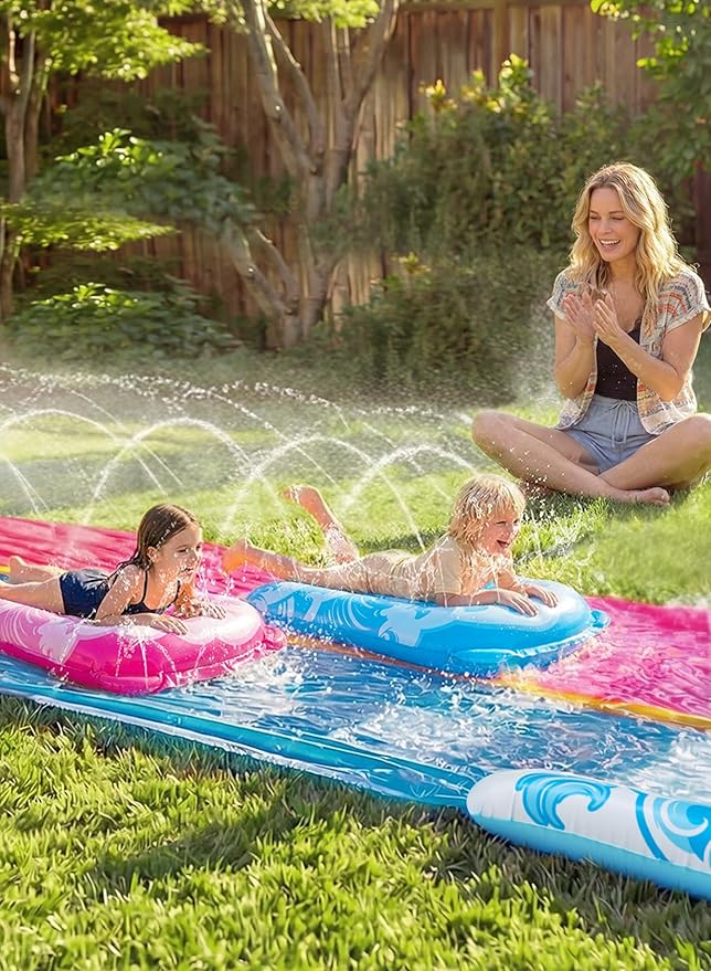 JOYIN 32.5FT Water Slide and 2 Inflatable Boards, Extra Long Heavy Duty Double Lawn Waterslide with Sprinkler for Kids Adults Backyard Summer Water Toy Outdoor Fun, Blue, Pink