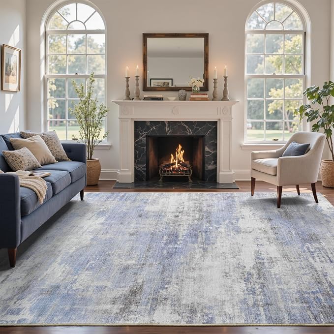 8x10 Ft Large Area Rugs for Living Room, Soft Non-Slip Washable Rugs Modern Abstract Pattern Carpet for Bedroom Indoor Floor Nursery Home Decor (Blue/White)