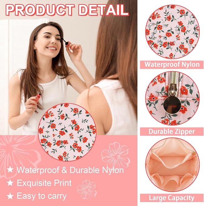 UIXIZQ Waterproof Large Floral Makeup Pouch,Nylon Travel Toiletry Storage Purse Preppy Cosmetic Bag for Women Girl,Large Capacity Makeup Organizer Zipper Pouch for Work(L Pink-Flowers)