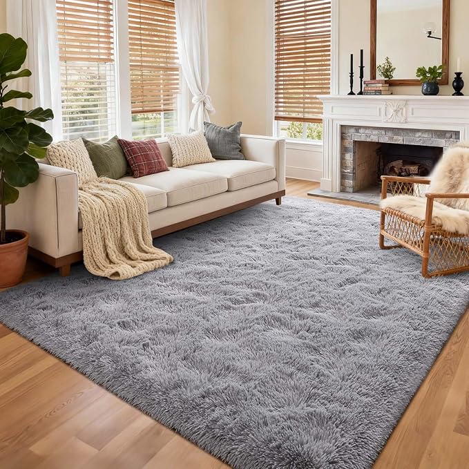9x12 Ft Extra Large Shag Rugs for Living Room, Ultra Soft Fluffy Furry Area Rugs for Bedroom Indoor Floor, Aesthetic Carpet for Kids Home Decor (Light Grey)