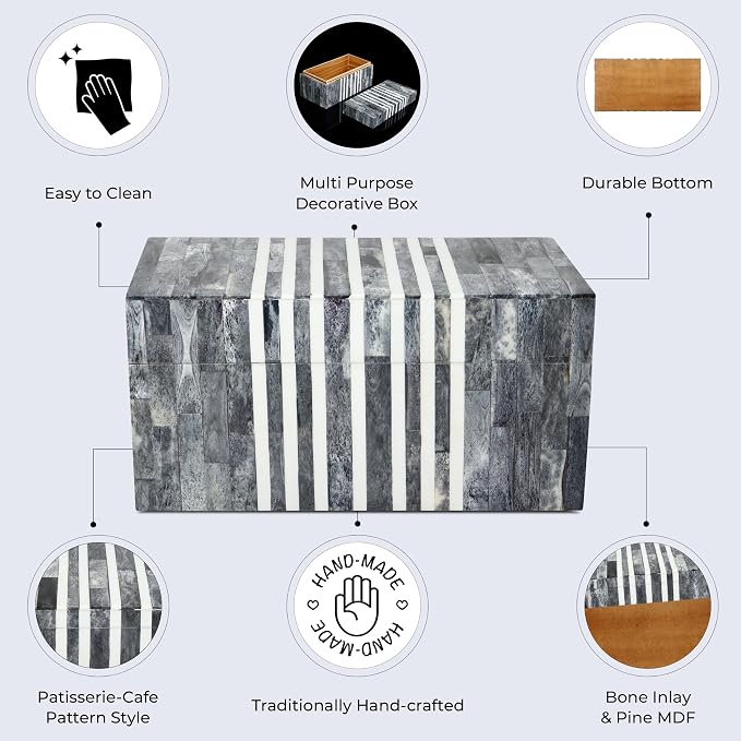 Handicrafts Home Large Decorative Storage Box with Lid, Patisserie Cafe Stripe Pattern Memory Keepsake Box, Deep Storage Organizer for Coffee Table Decor, Wooden Gift Storage Box, Grey & White, 10x5x5