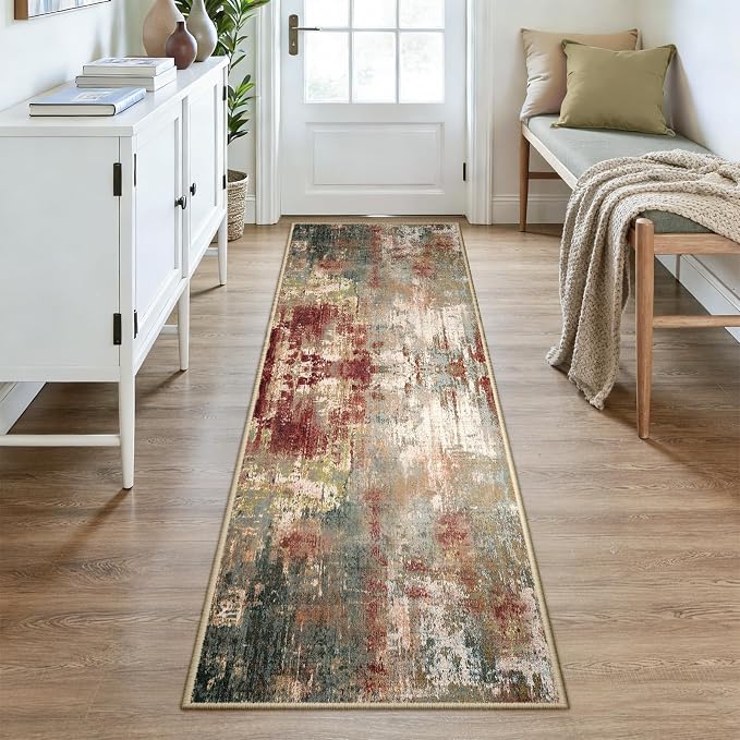 RELEANY Washable Runner 2'6"x8' Abstract Area Rug for Hallway Rustic Brown | carpet for kitchen, entryway, bathroom, living room, bedroom, printed pattern, non-slip, soft, stain-resistant, easy to clean