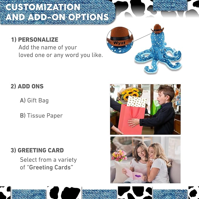 DolliBu Blue Octopus Stuffed Animal Cowboy Hat Plush with Name Personalization - Western-Themed Octopus Plush with Cute Cowboy Costume Hat - 16 Inches