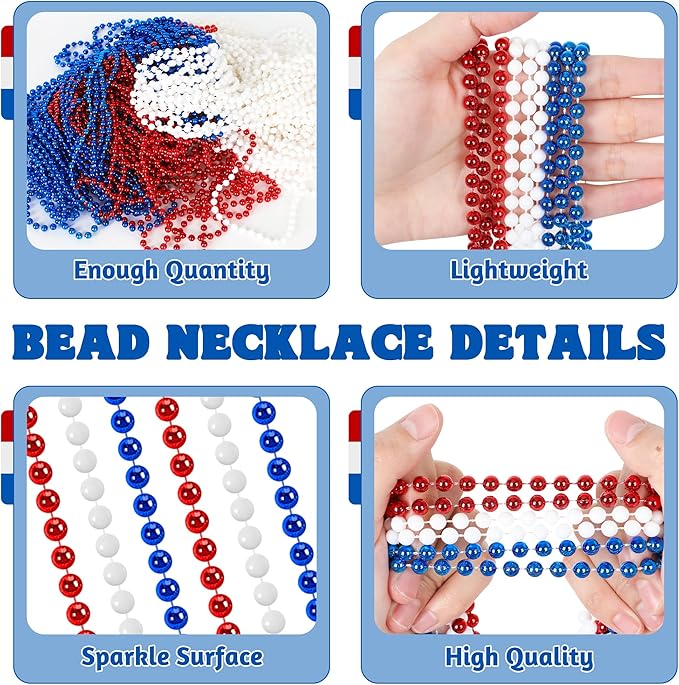 24 PCS Fourth of July Beaded Necklaces, 33" Red White Beads Necklaces Bulk, Independence Day Beads, Patriotic Parade Throw Accessories Set for 4th of July Party Decorations Favors Supplies