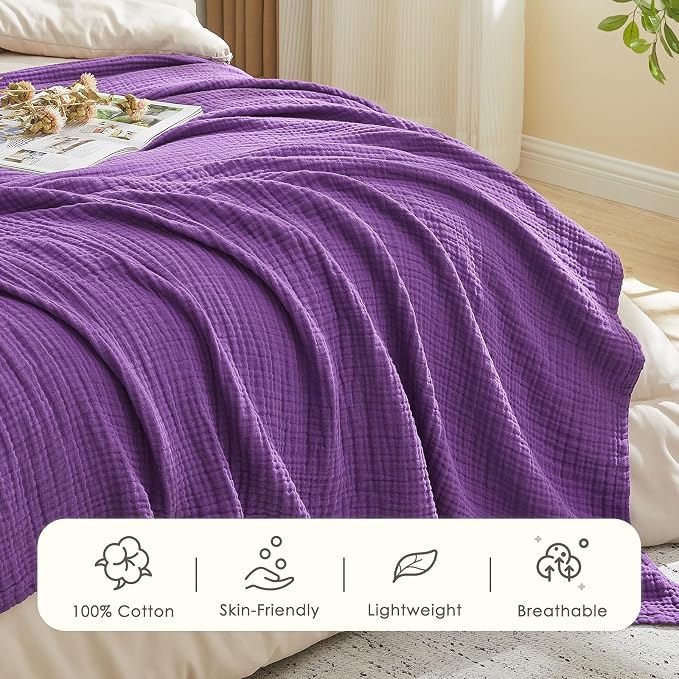 EMME Muslin Blankets for Adults Throw Blanket for Couch Breathable Gauze Soft Lightweight Airy Purple Throw 50" x 60"