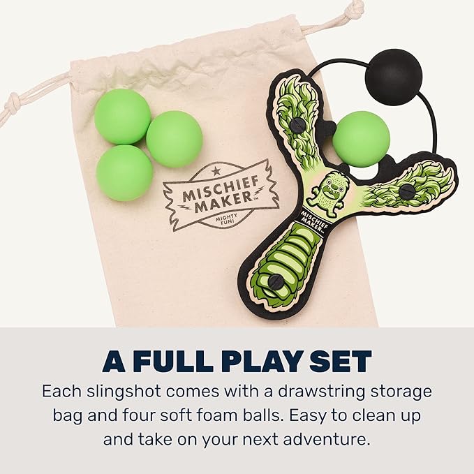 Mischief Maker® Wooden Slingshot - Lil’ Monster Series - Real Wood Slingshot for Kids, 4 Soft Foam Balls and Storage Bag - Ages 4+ (Green)