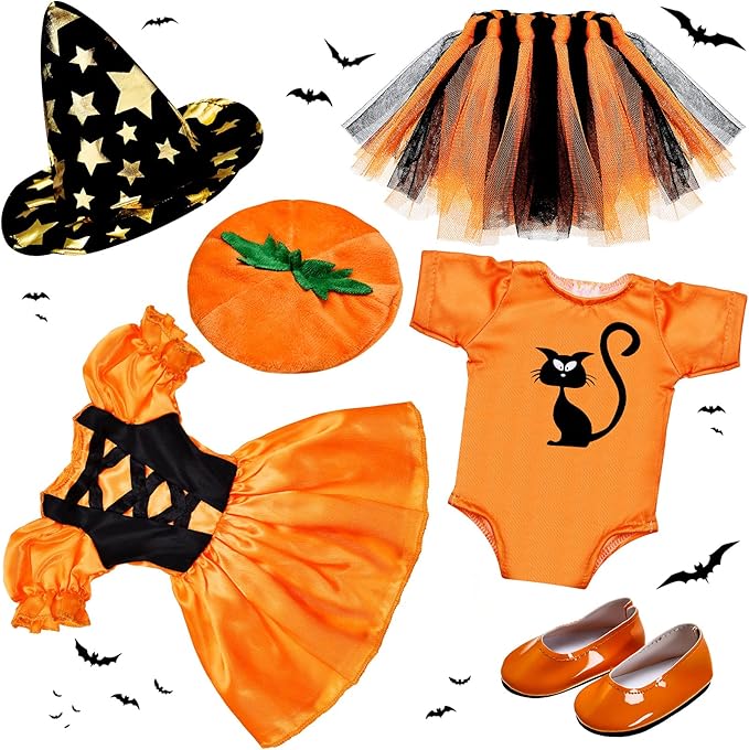 2 Sets Halloween Doll Clothes 18 Inches Girl Doll Halloween Dresses Outfits Shoes Set with Cat and Witch Pattern Costume Tutu Dress Accessories Fits for Most 18 Inches Girl Dolls