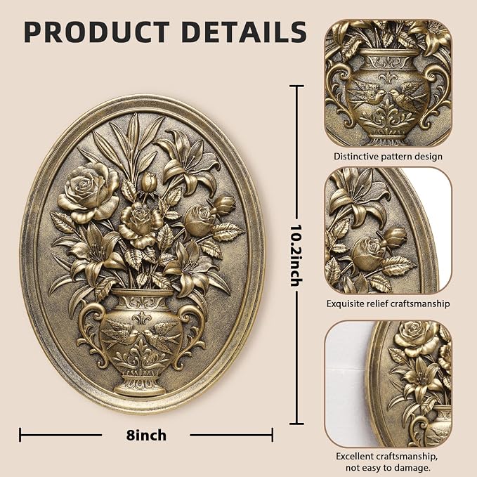 Newinhome Vintage Flower Wall Sculpture, Antique Wall Decor, Hand Painted Wall Decorations with Embossed Flower Design, Antique Pediment, Gold Decor for Living Room Bedroom Hallway, Unique Gifts