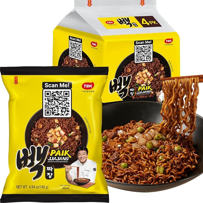 TBK THEBORN Paik Jjajang, Korean Black Bean Instant Ramen 140g x 4 Packs | Instant jjajang noodles with a rich savory black bean sauce for quick Korean-style meals at home, work or school