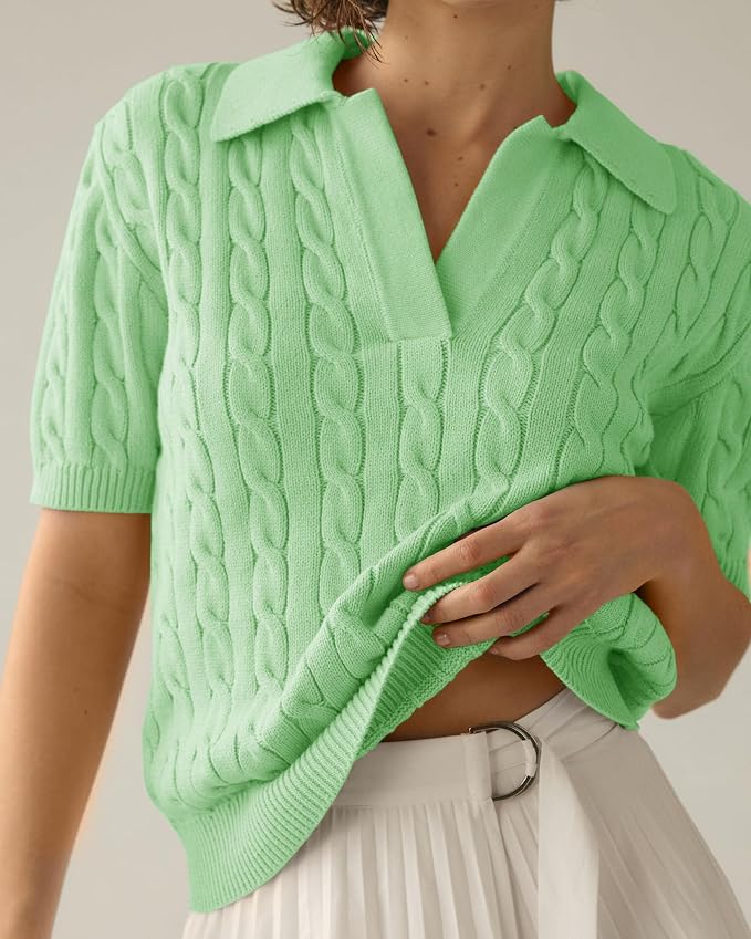 Imily Bela Womens Cable Short Sleeve Sweaters Tops Lapel V Neck Knit Shirt | Solid,Knit Casual,Soft Pullover,Fall Sweaters,Womens Summer Work Tops