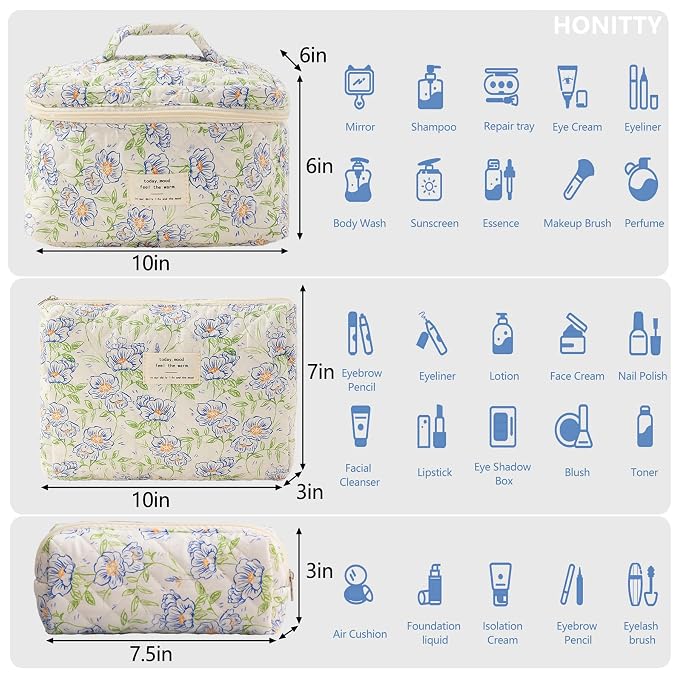 honitty Makeup Bag,Quilted Cosmetic Bags,Large Floral Make Up Organize bag,Makeup Bag Set for Women,Flower Travel Toiletry Bag