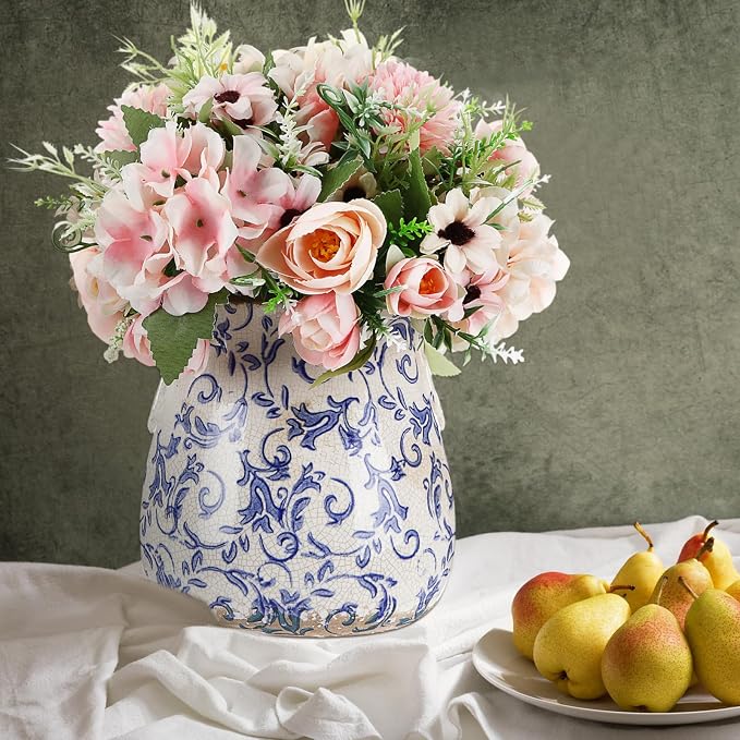 Ceramic Scroll Planter 6.5 Inch Chinoiserie Floral Vase with Drainage Holes Vintage Flower Vase Flower Pot Rustic Ceramic Pots for Indoor Plants Garden Home Bookshelf Decor(Blue Floral)