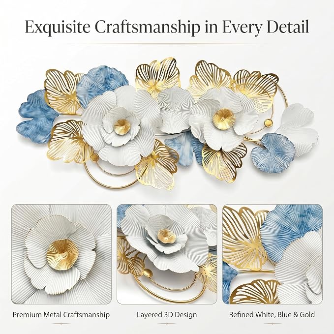 Axioglo 59" Large Wall Decor,3D Floral Metal Wall Art for Living Room | 59" x 27" metal wall decor with layered metal texture, mounting hardware, two-way display