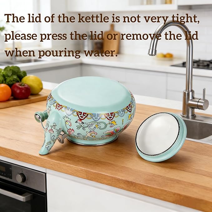 Pumtus 2.6 Quart Floral Enamel Tea Kettle, Vintage Enameled Teapot Stovetop, Enamel on Steel Water Coffee Tea Pot with Ceramic Handle, Colorful Hot Water Kettle for Home Kitchen Decor, No Whistling
