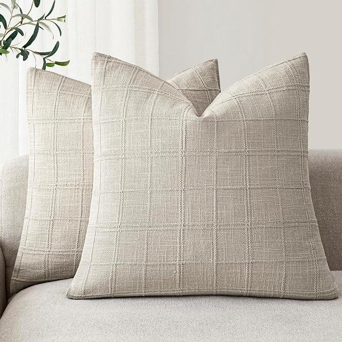 Foindtower Set of 2 Decorative Linen Check Throw Pillow Covers Neutral Farmhouse Vintage Cushion Covers Modern Coastal Boho Home Decor for Sofa Chair Couch Bedroom Living Room,24×24 Inch,Light Grey