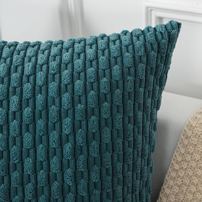 Kevin Textile Soft Corduroy 16"x24" Lumbar Pillow Cover 1 Pack, Teal Blue | Boho Stripe Plush Corduroy Decorative Oblong Cushion Cover Modern Farmhouse Home Decor for Sofa Couch Bed Chair