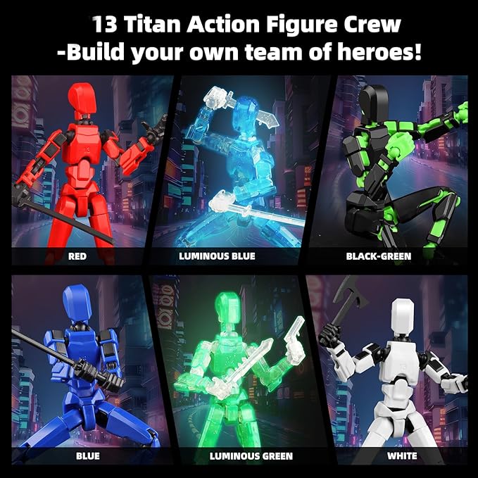 Luminous 13 Action Figure Set, 6PCS Robot Action Figure Titan 13 3D Printed Toys Articulated, for Modeling Enthusiasts Etc Birthday Gifts for Kids 3-8 Years Old, Grow in Dark （Assembly Required）