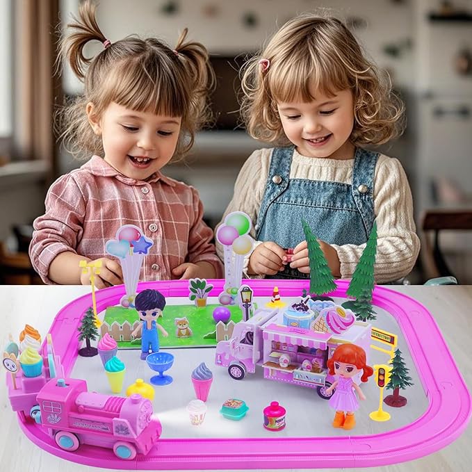 Pink Classic Train Sets for Toddlers|Musical Electric Train Toys with DIY Ice Cream Truck 3D Foam Puzzles Party Scene Building Kit for Girls Boys 3-5 Years Old Parent-Child Interaction Birthday Gift-A