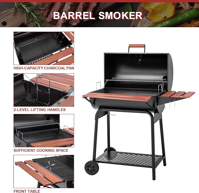 Royal Gourmet CC1830V 30 Barrel Charcoal Grill with Wood-Painted Side Front Table, 627 Square Inches Cooking Space, for Outdoor Backyard, Patio and Parties, Black | Wood-Painted Table, 627 Square Inches Cooking Space, Outdoor BBQ Grill for Outdoor Back...