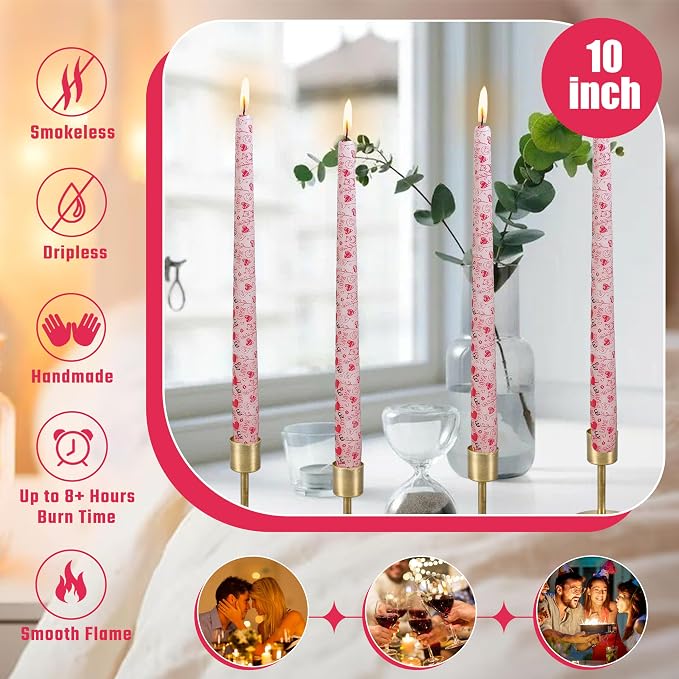 10 Inch Printed Candle Love Pattern Smokeless Unscented Candle Sticks Suitable for Anniversary Express Love Evening Wedding, Bohemian Seaside Theme Home Decor, 4 Pack