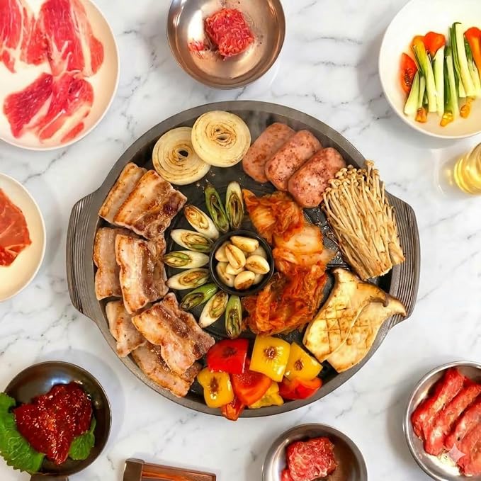 COOKKING - Korean Traditional BBQ Grill Pan, Cauldron Lid Shape - Stovetop Nonstick Indoor/Outdoor Smokeless BBQ Cast Aluminum Grill Pan, Made in Korea