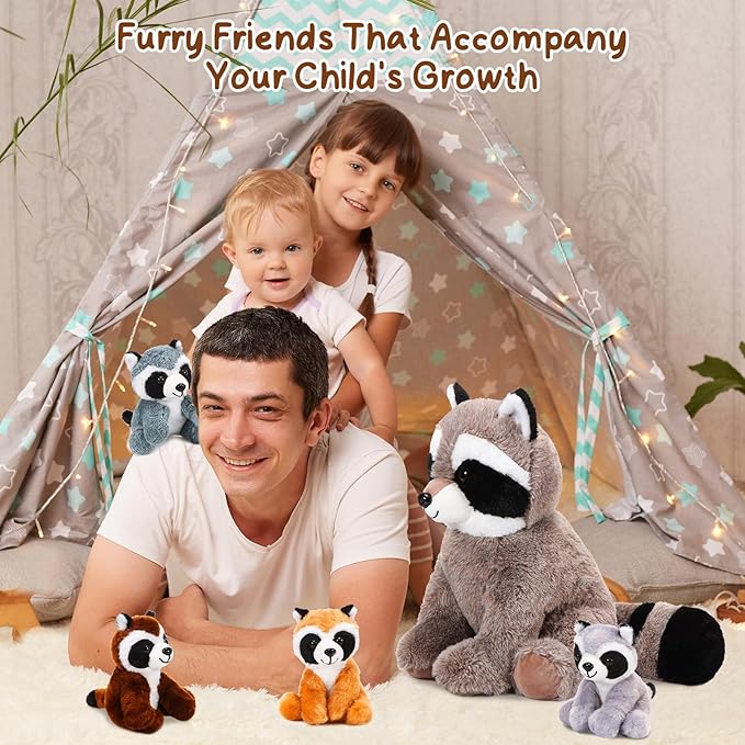 5 Pcs Raccoon Stuffed Animal Set Adorable Mommy Raccoon Plush with 4 Cute Babies in Tummy Soft Cuddly Plushie for Birthday Woodland Party Decor(Cuddly Style)