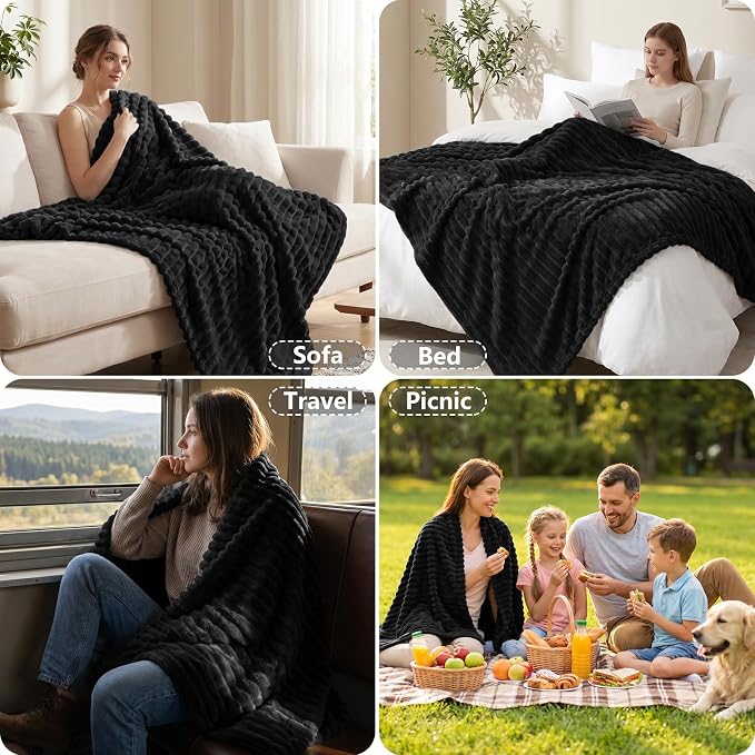 Black Throw Blanket for Couch & Bed, 50 x 60 Inch | 300GSM Ribbed Fleece Blanket, Soft, Cozy & Lightweight, OEKO-TEX Certified, All-Season Use for Travel, Dorm & Home Decor