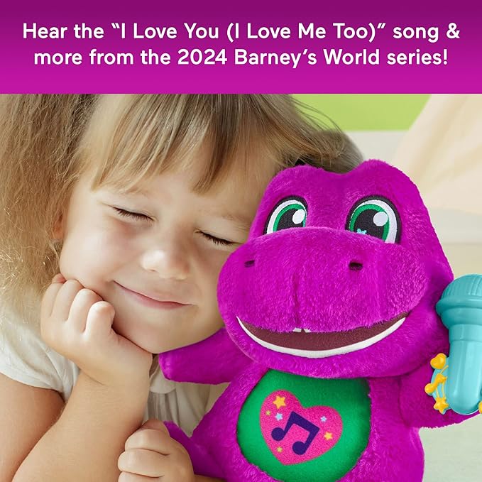 Barney’s World Toddler Toys by Fisher-Price, Barney Tall Plush, 10.5 -inch Figure with Sounds, Soft Texture for Play, Kids Ages 2+ Years