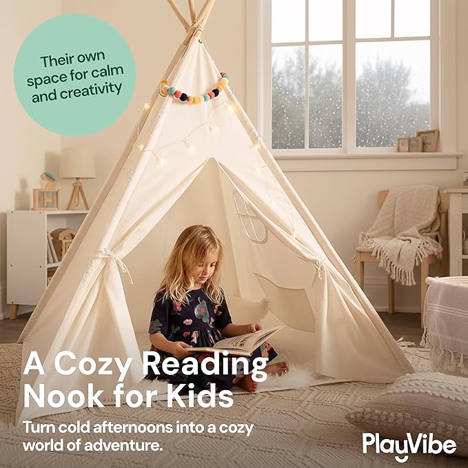 Playvibe Teepee Tent for Kids with LED Star Lights - Toddler Tent & Reading Corner for Kids, Playhouse Gift, Nursery Decor & Indoor Play, Winter Indoor Retreat Toy Fort for Toddler