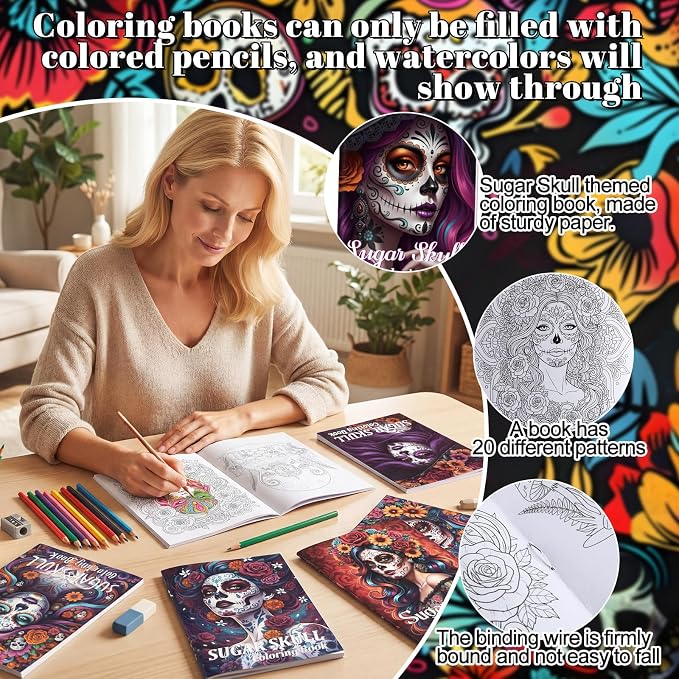 Liliful 24 Pcs Sugar Skull Themed Coloring Book Bulk for Adults Intricate Day of the Dead Art Coloring Books with Floral Skull & Ornate Designs for Party Favors Goodie Bag Fillers & Creative Gifts