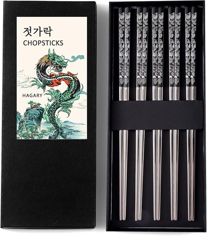 Hagary Dragon Chopsticks Metal Reusable Designed In Korea Japanese Style Stainless Steel 316 18/10 Non-Slip Dishwasher Safe Laser Etched (Black - 5 Pairs)