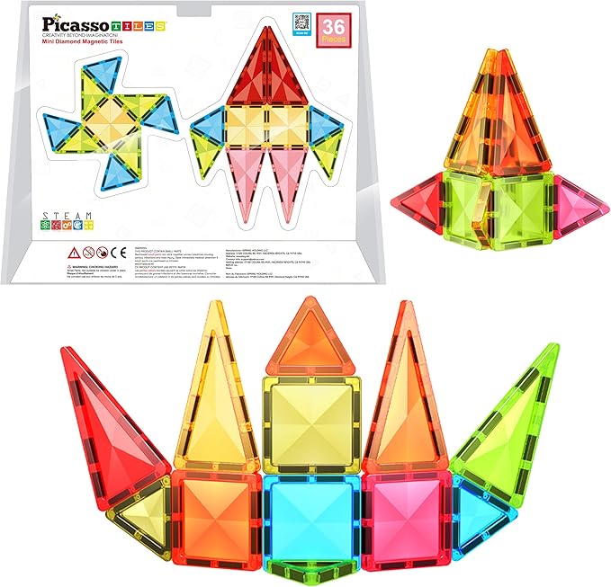 PicassoTiles 36pcs Mini Size Magnetic Tiles Magnet Toys Diamond Series Sensory Construction Building Blocks Set STEM Learning Travel Size Educational Toy for Kids Boys Girls Toddlers Age 3+ PTM36