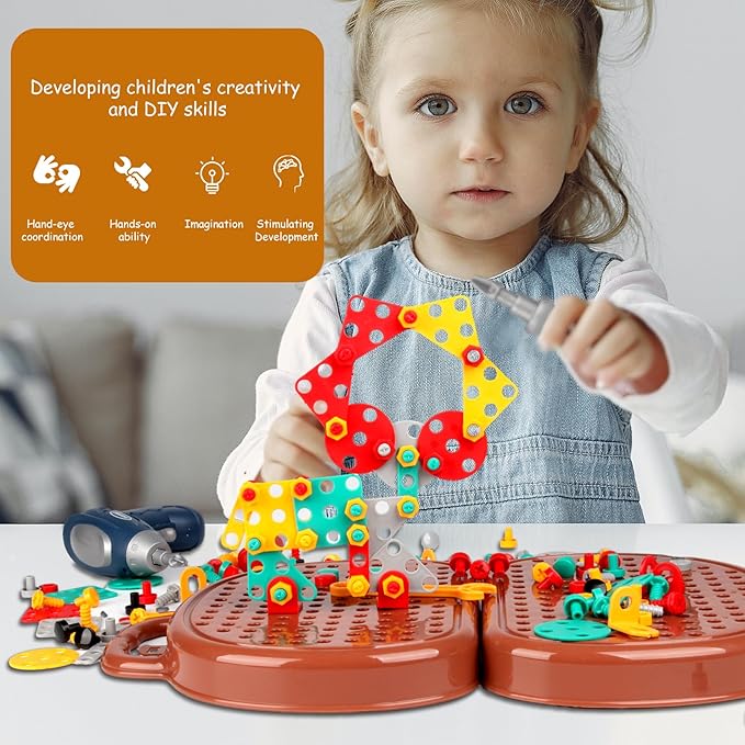 YououiiMagic Montessori Play Toolbox Bear, STEM Kits for Kids Ages 3-12, Creativity Tool Box with Drill Kids Building Toys, DIY Educational Construction Engineering Toys Preschool Toys