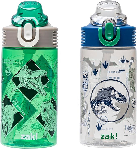 Zak Designs Jurassic World Dominion Movie Sage Kids Water Bottle For School or Travel, 16oz Durable Plastic Water Bottle With Straw, Handle, and Leak-Proof, Pop-Up Spout Cover, 2-Pack Set