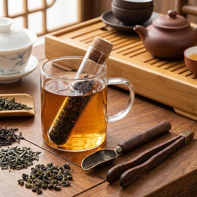 2 PCS Tea Infuser Glass Tea Strainers for Long Leaf Teas with Teaspoon TeaTongs TeaSteeper with Cork for Cup, Gift for Teas Lovers