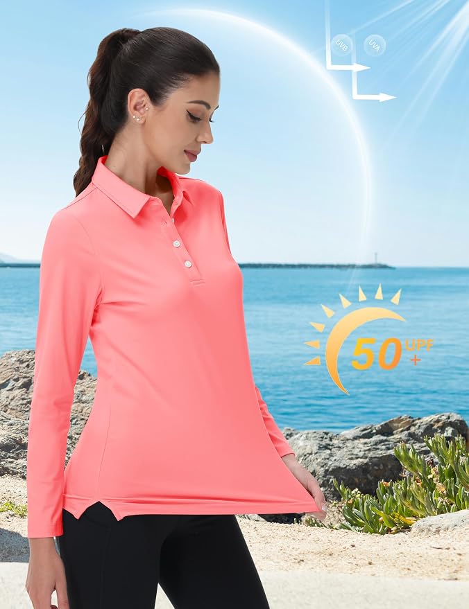 MAGCOMSEN Long Sleeve Polo Shirts for Women Golf Tops with Collar Work | UPF 50+ Sun Protection, 4 Buttons, Moisture Wicking, Breathable, 4-Way Stretch, Collared, Quick Dry, Active, Casual, Tennis