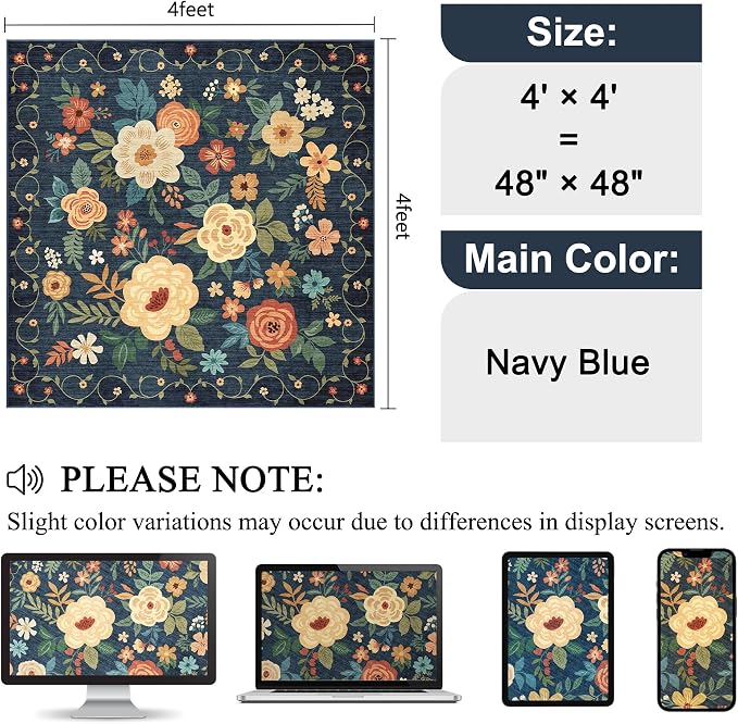 DUKINO 4x4 Square Area Rug, Floral Washable Rug for Entryway, Navy Blue | Soft, Low Pile, Floral Indoor Circle Rug for Bedroom, Kitchen, Nursery, Living Room, Pet Friendly, Home Decor, Lightweight