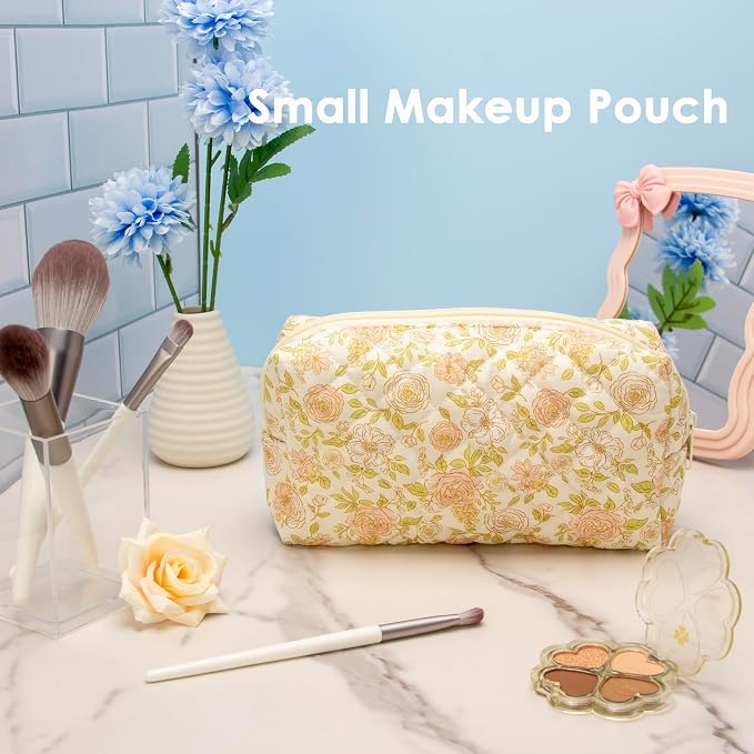 PAZIMIIK Small Quilted Makeup Bag,Zipper Cosmetic Pouch,Rose Beige | Lightweight Cosmetic Bag Organizer for Women,Purse Storage Holds Makeup,Toiletries,Skincare,Beauty Essentials,Travel Items