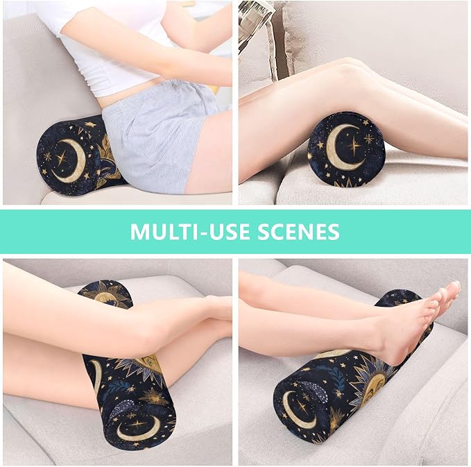 Purple Boho Sun Moon Neck Roll Pillow Bolster Round Health Memory Foam Long Cervical Cylinder Pillows with Removable Washable Cover for Body Bed Legs Back Yoga