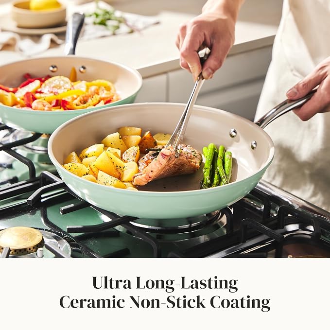 Redchef Ceramic Nonstick Pan Set, Ceramic Frying Pans with Ergonomic Stainless Steel Handles, PFOA PFAS PTFE Free, Induction Ready Cookware with 3 Cork Pads, Oven Safe, Mint Green（8+9.5+11"）