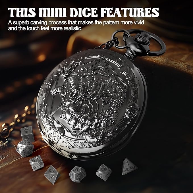 D&D Dice Set,7PCS Metal Dice Set for Dungeons and Dragons,Mini Dice Sets with Pocket Watch Case,Role Playing Board Games Accessories (Monster, Black)